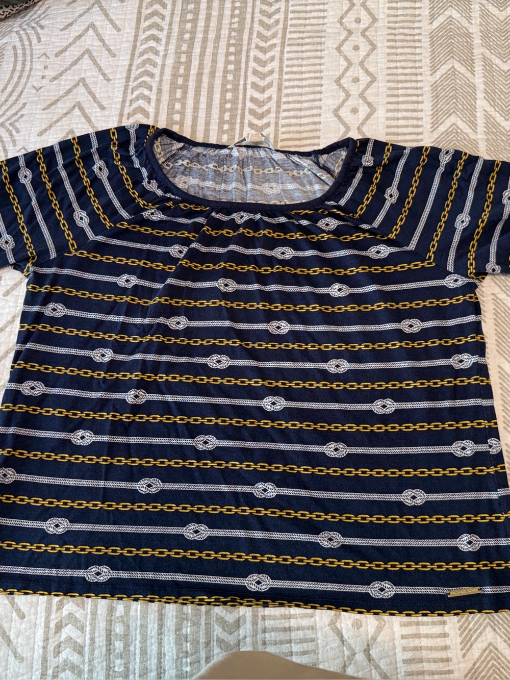 Michael Kors Navy Top with Gold and White Chain-Print